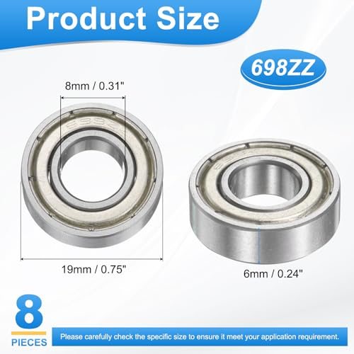 Deep Groove Ball Bearing, Metal Sealed 698ZZ 8mm x 19mm x 6mm 8Pcs view 2