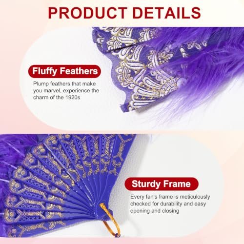 Embroidered Flower Marabou Feather Fan, 4 Pack 1920s Vintage Folding view 3