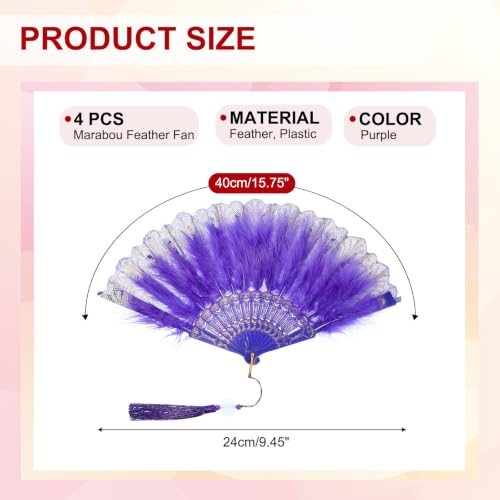 Embroidered Flower Marabou Feather Fan, 4 Pack 1920s Vintage Folding view 2