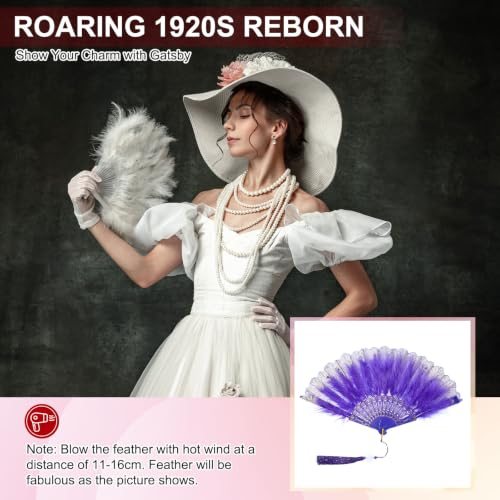 Embroidered Flower Marabou Feather Fan, 4 Pack 1920s Vintage Folding view 4