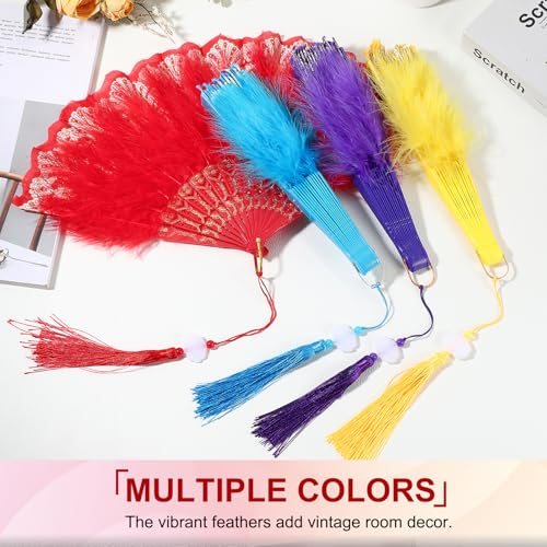 Embroidered Flower Marabou Feather Fan, 4 Pack 1920s Vintage Folding view 5