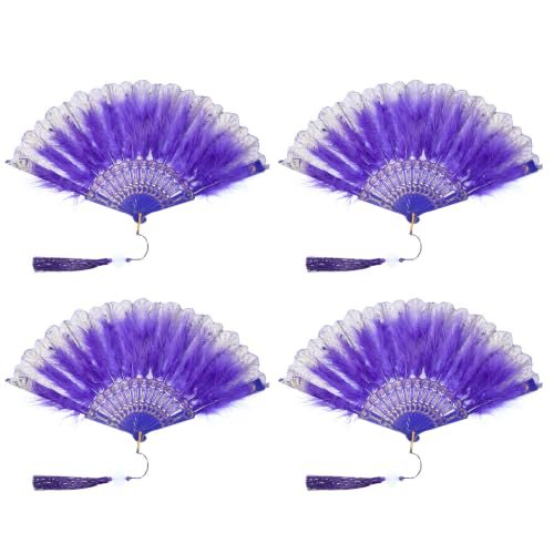 Embroidered Flower Marabou Feather Fan, 4 Pack 1920s Vintage Folding — PATIKIL