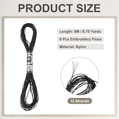 Embroidery Floss Metallic Embroidery Thread Nylon 6Skeins, Black, Threads view 2