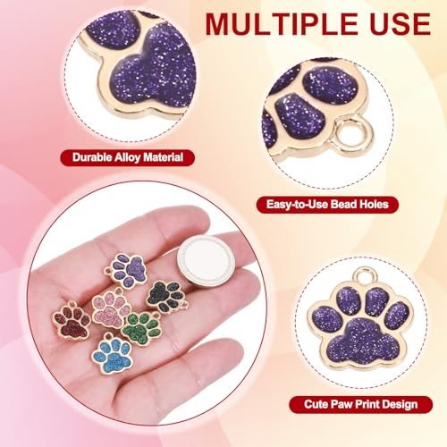 Enamel Paw Print Charms, 50Pcs Dog Cat Paw Charms, Gold Tone/Purple view 3