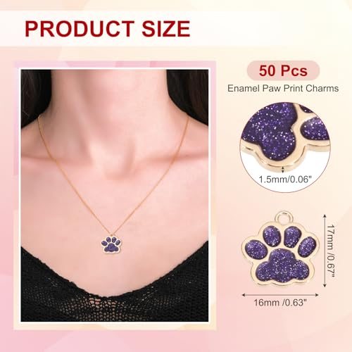Enamel Paw Print Charms, 50Pcs Dog Cat Paw Charms, Gold Tone/Purple view 2