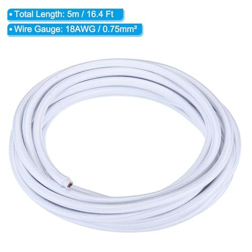 Fabric Cloth Covered Round Wire, 16.4ft 18AWG 3 Core White, Vintage Woven view 2