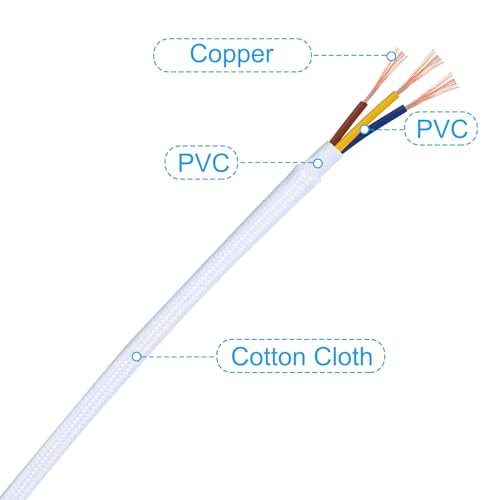 Fabric Cloth Covered Round Wire, 16.4ft 18AWG 3 Core White, Vintage Woven view 4