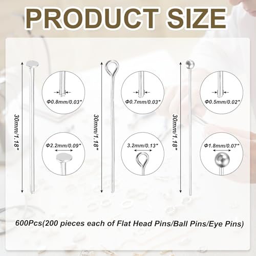 Head Pins Set for Jewelry Making 3 Styles 1.18" Silver Tone view 2