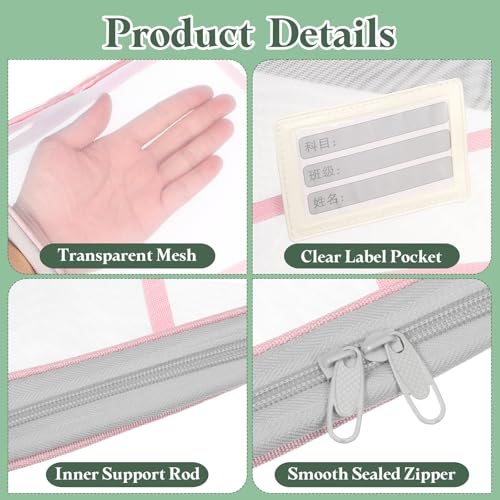 Mesh Zipper Pouch 12.4x9.3 Transparent File Bag Multi-Layer Pink view 3