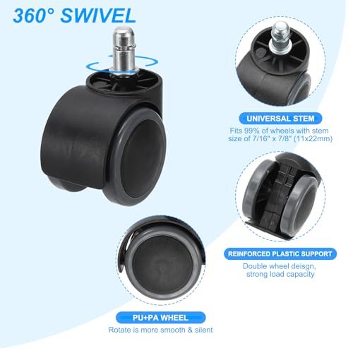 Office Chair Wheels 2 Inch, Replacement Desk Caster Wheels 7/16" x 7/8" view 3