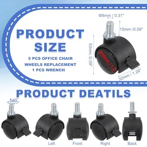 Office Chair Wheels Replacement 1", 5 Pcs Nylon Heavy Duty Office view 2