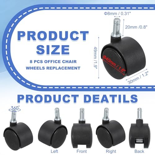 Office Chair Wheels Replacement 5/16", 8 Pcs Nylon Heavy Duty Office view 2