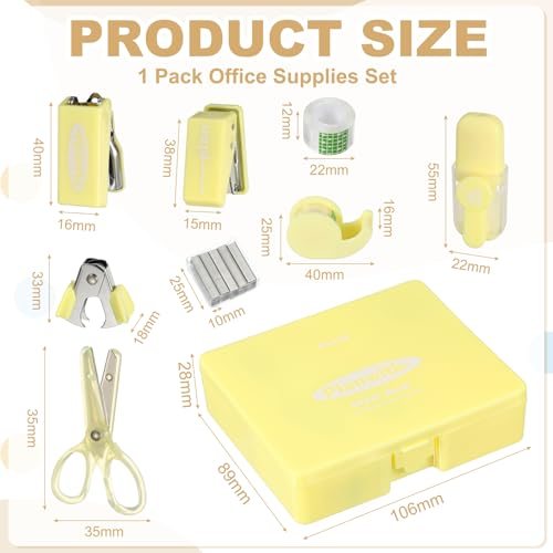 Office Supplies Set Stapler Tape Dispenser Scissors 8pcs Yellow, Desk view 2