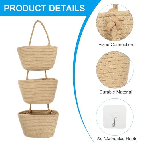 Over the Door Basket, 3 Tier Cotton Rope Woven Hanging Basket Wall view 3