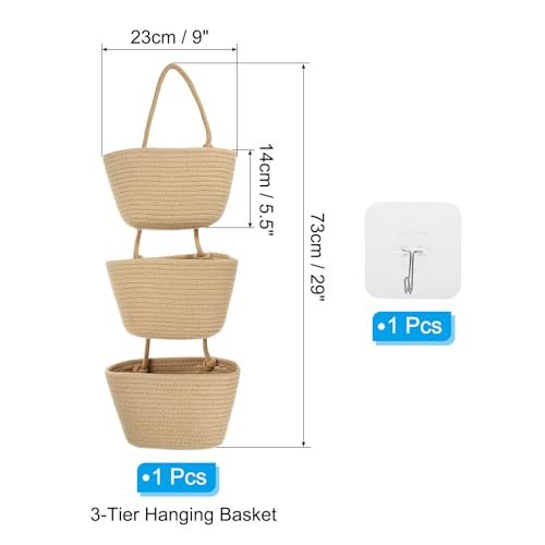 Over the Door Basket, 3 Tier Cotton Rope Woven Hanging Basket Wall view 2