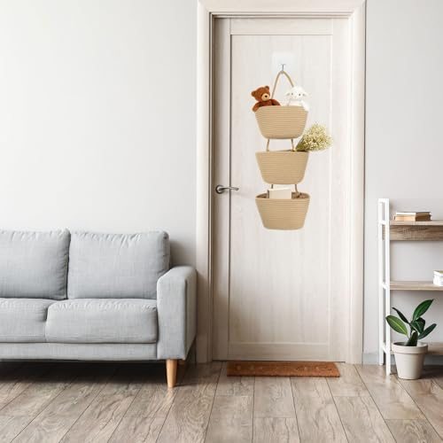 Over the Door Basket, 3 Tier Cotton Rope Woven Hanging Basket Wall view 5