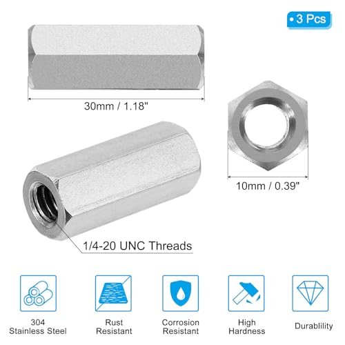 PATIKIL 1/4"-20 UNC 304 Stainless Steel Hex Coupling Nuts, 3Pcs 1.18" view 2