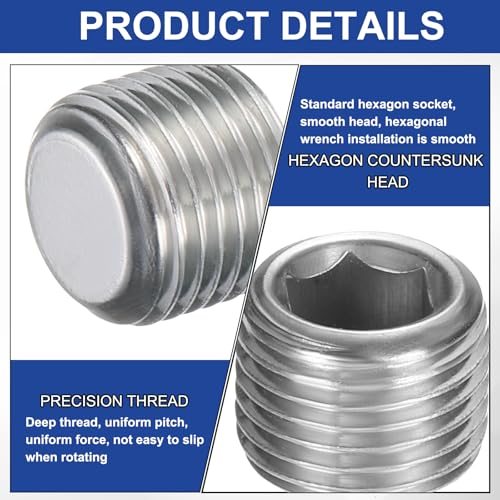 PATIKIL 5 Pcs 304 Stainless Steel Pipe Plug 1/8" BSP Male Internal Hex view 3