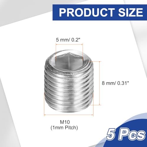 PATIKIL 5 Pcs 304 Stainless Steel Pipe Plug M10 x 1 Male Internal Hex view 2