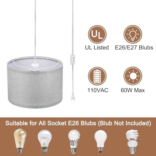 Plug in Pendant Light, 15Ft Rope Cord Hanging Lamp Fixture view 3