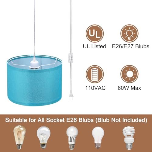 Plug in Pendant Light, 2 Pack 15Ft Rope Cord Hanging Lamp Fixture view 3