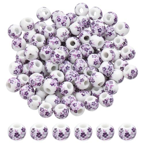 Porcelain Beads 8mm Printed Ceramic Beads Purple, Round Flower Beads — PATIKIL
