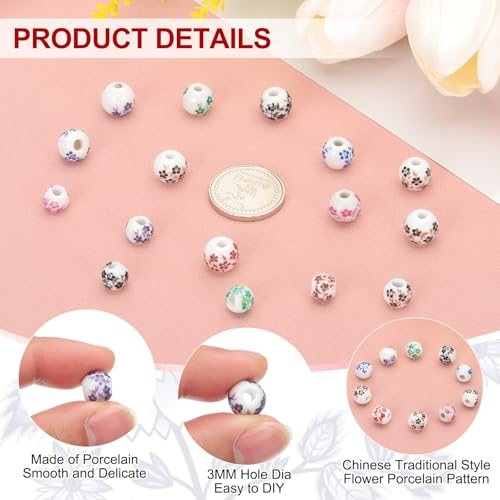 Porcelain Beads 8mm Printed Ceramic Beads Purple, Round Flower Beads view 3