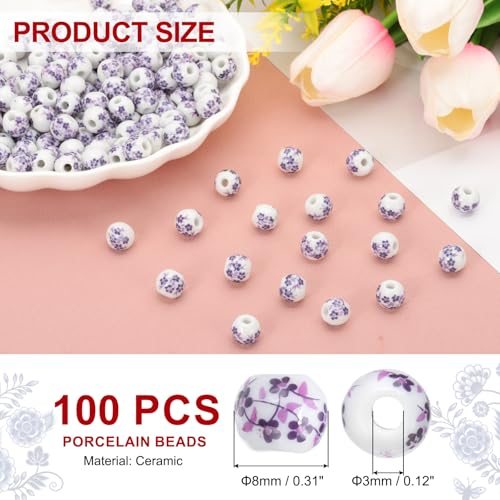 Porcelain Beads 8mm Printed Ceramic Beads Purple, Round Flower Beads view 2