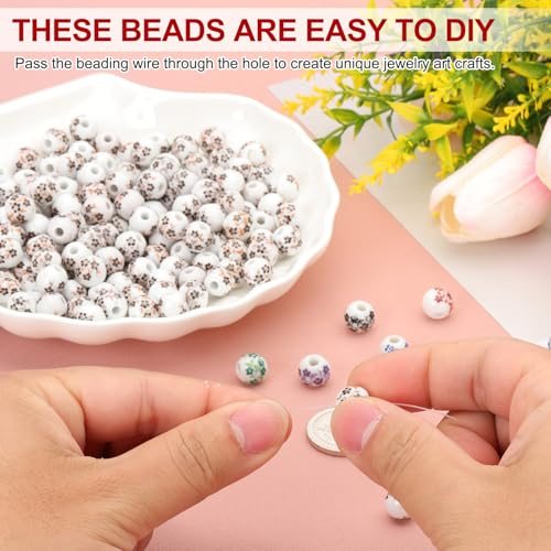 Porcelain Beads 8mm Printed Ceramic Beads Purple, Round Flower Beads view 4