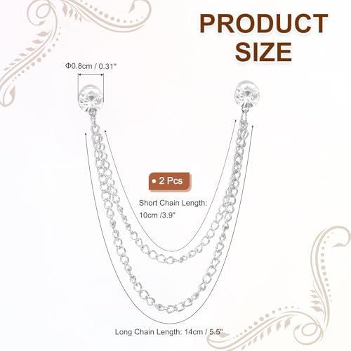 Rhinestone Chain Brooch Pins Silver Tone/White Tassel Chain, Round view 2