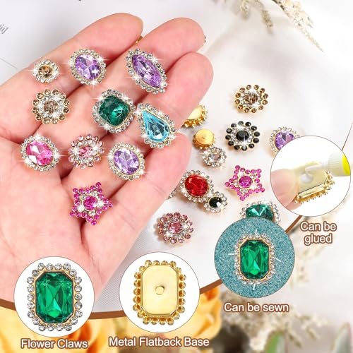 Sew on Rhinestones Crystals, 100 Pcs Mixed Shapes Glass Gems Metal Base view 3