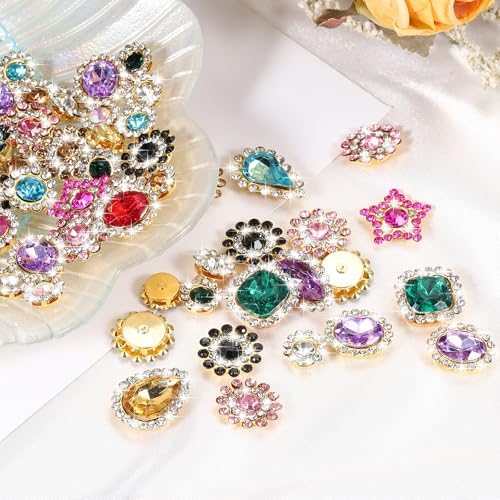Sew on Rhinestones Crystals, 100 Pcs Mixed Shapes Glass Gems Metal Base view 4