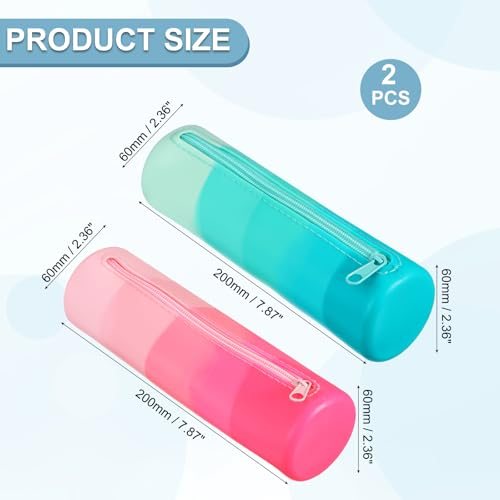 Silicone Pen Case, 2 Pcs Round Pen Pouch w/Zipper, Rose Red/Blue view 2