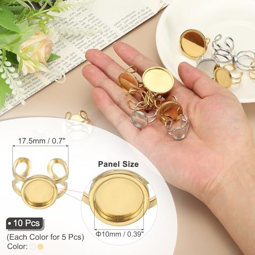Stainless Ring Blank, 10mm 10 Pcs Adjustable Finger Ring Blank Base Bezel view 2