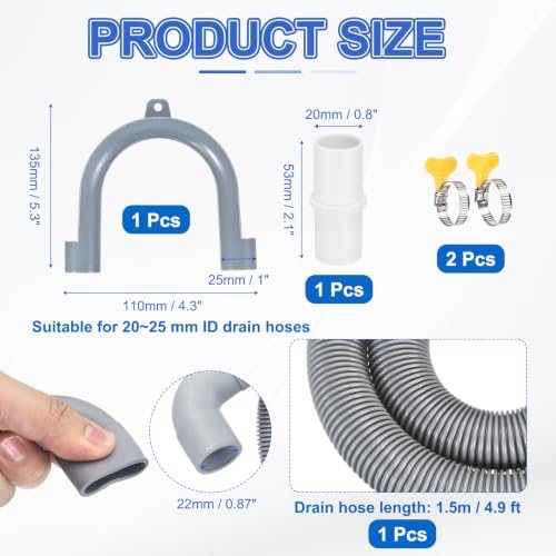 Washing Machine Drain Hose 4.9FT w 90 Degree Elbow U-Bend Holder, 1.5m view 2