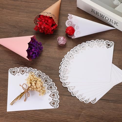 Wedding Confetti Cones, 50 Pcs Paper Tapers Hollow Print Lace Cone Bouquet view 4