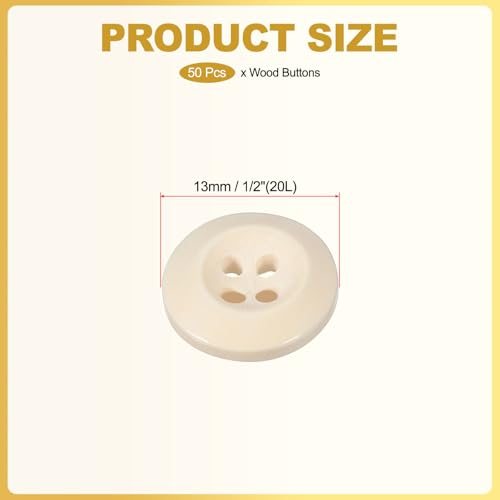 Wooden Buttons Wood Sewing Button 4 Holes 1/2" (13mm) 50pcs Beige, Round view 2