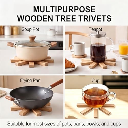Wooden Trivets 7.8" Hot Pot Holder Wooden Tree Coaster Brown, Set view 5